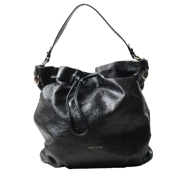 COLE HAAN Stagedoor Small Studio Shoulder Bag Glossy Black Crinkle Leather FLAWS - Picture 1 of 9